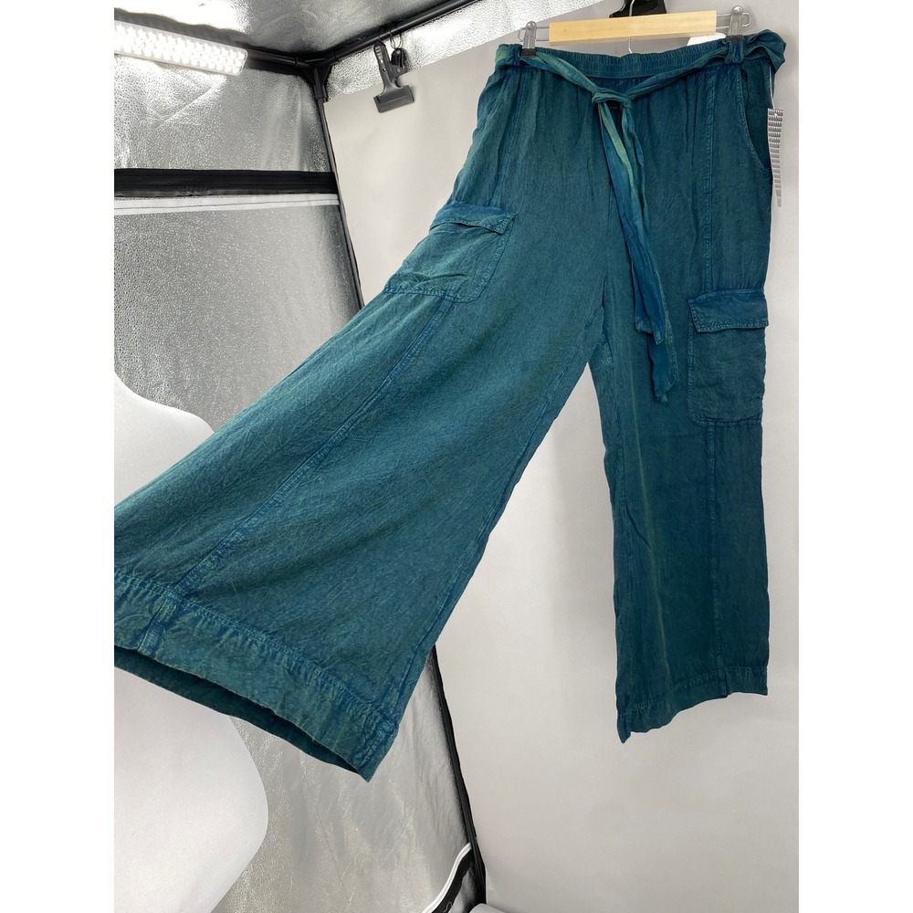 Deja Bleu Wide Leg Cargo Pants Womens Large Teal Rayon Tie Waist Utility Boho